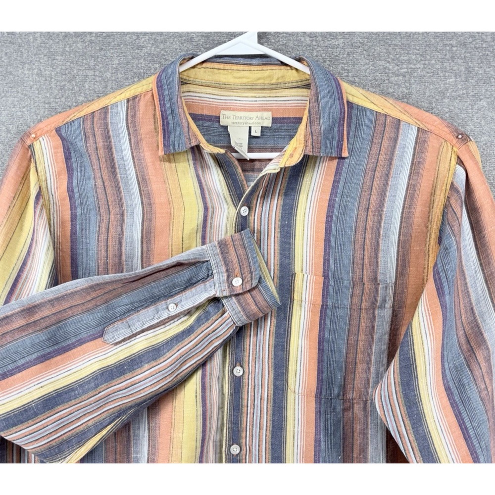 The Territory Ahead Shirt Men Large Multicolor Striped Linen Silk Long Sleeve